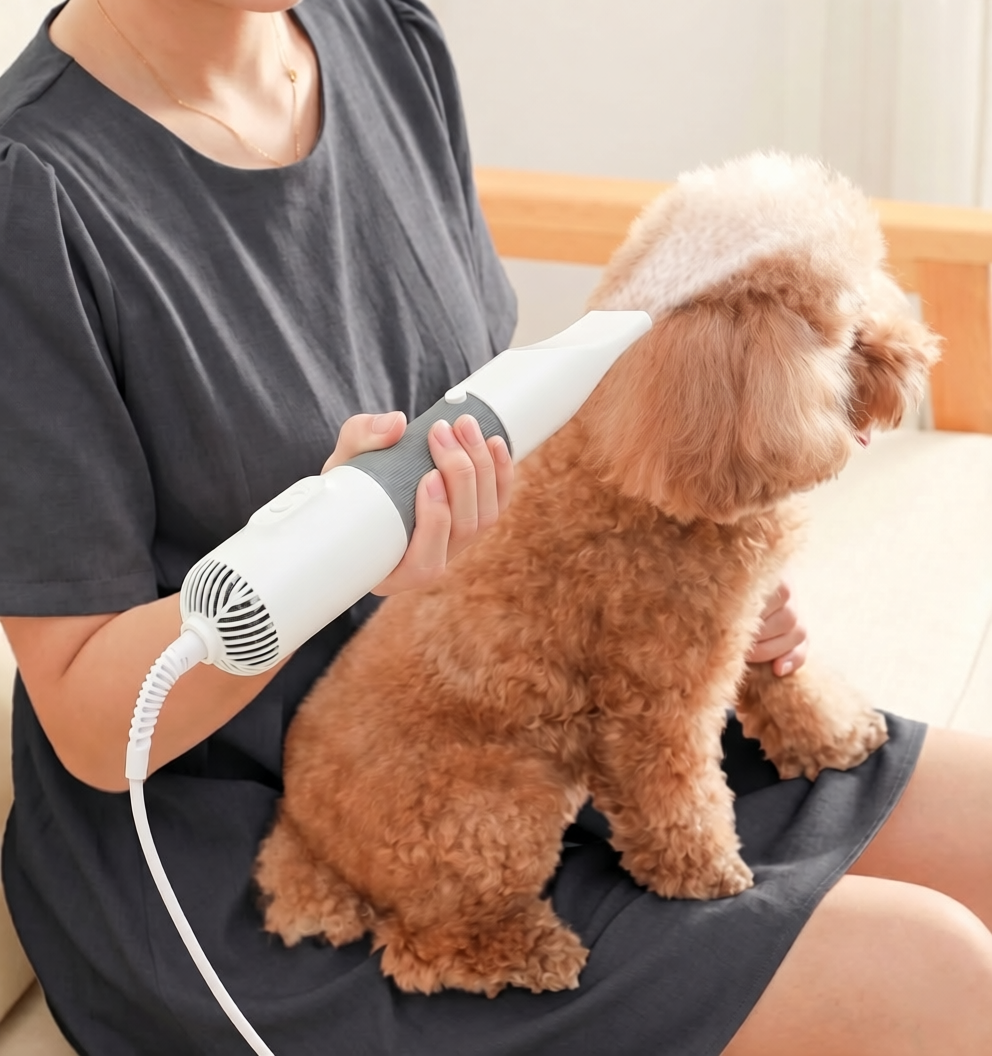Person using a hair dryer on a small brown dog
