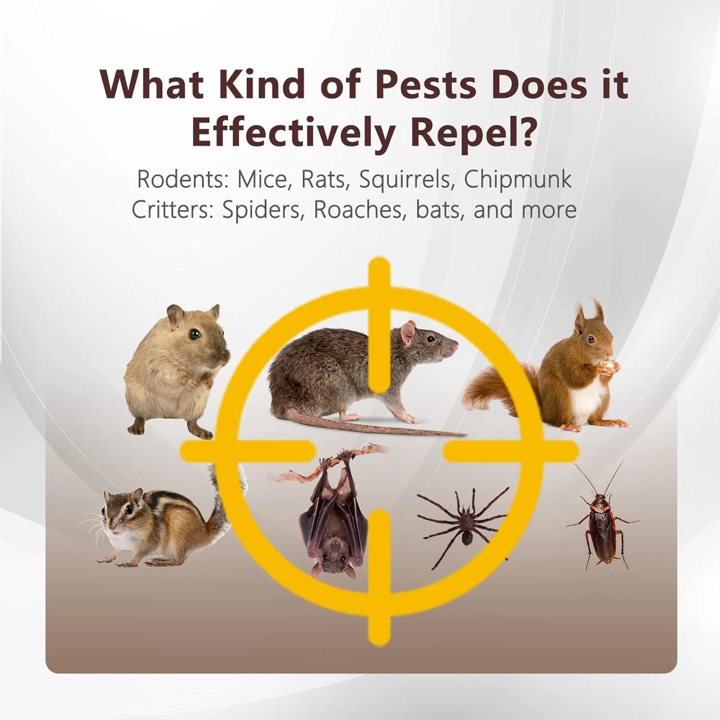 Pest control advertisement with images of pests and text about what it repels.