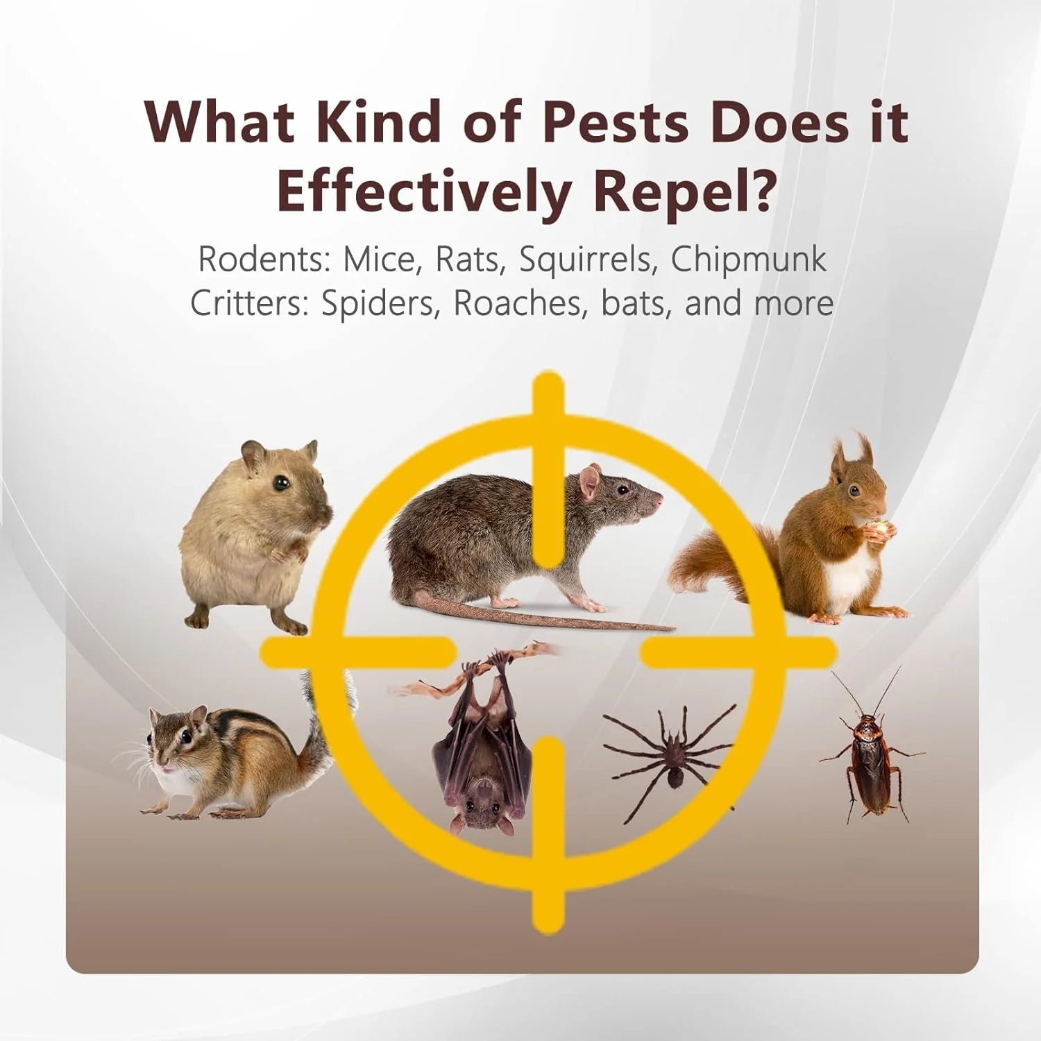 Pest control advertisement with images of pests and text about what it repels.